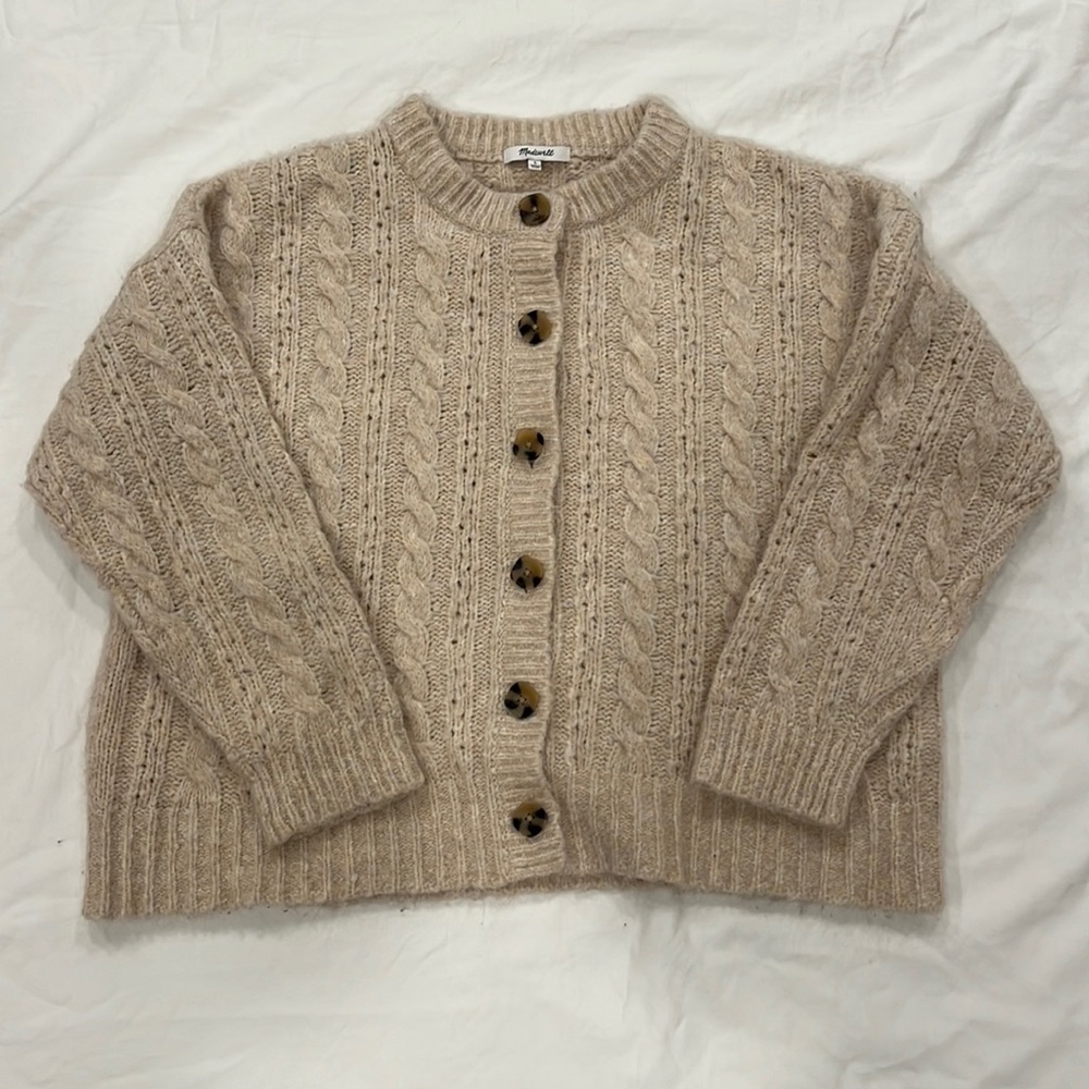 Madewell Wool Blend Cable Knit Button Front Cardigan Large